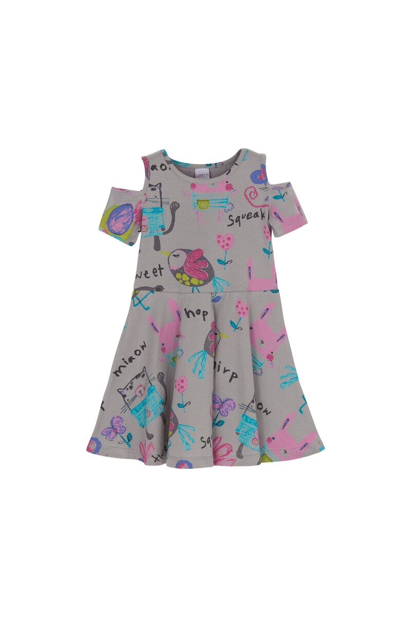 1-4 Years Old Chirping Animals Pattern Half Sleeves Cold Shoulder Dress - Thumbnail