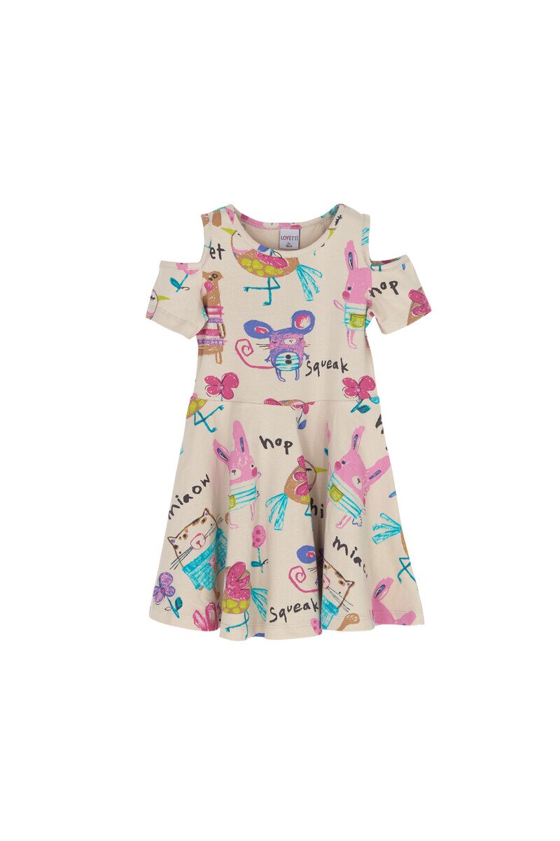 1-4 Years Old Chirping Animals Pattern Half Sleeves Cold Shoulder Dress - Thumbnail