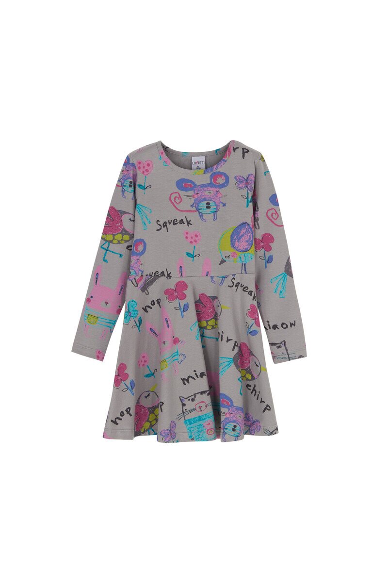 1-4 Years Old Chirping Animals Pattern Long Sleeves Plain Dress - Thumbnail