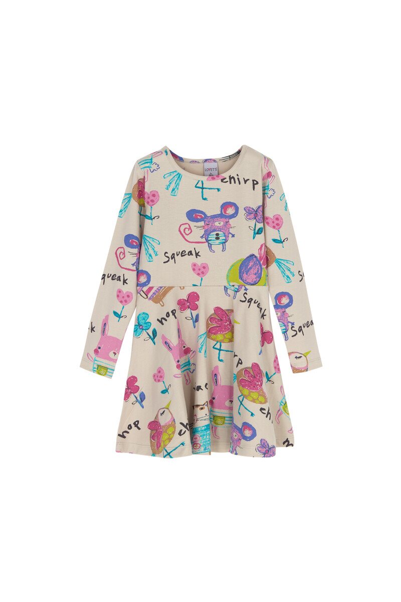 1-4 Years Old Chirping Animals Pattern Long Sleeves Plain Dress - Thumbnail