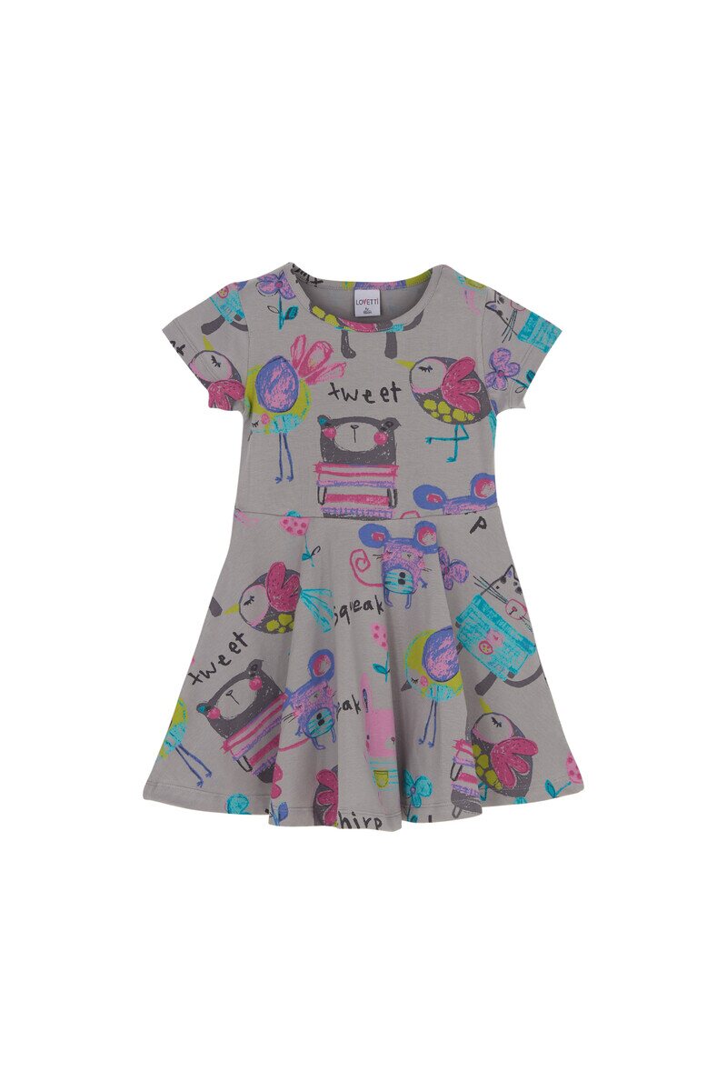 1-4 Years Old Chirping Animals Pattern Short Sleeves Flared Dress - Thumbnail