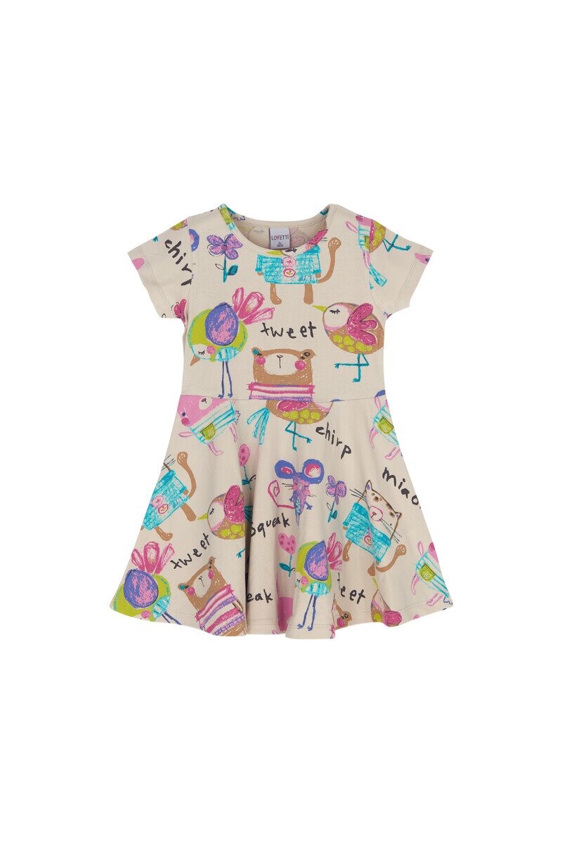 1-4 Years Old Chirping Animals Pattern Short Sleeves Flared Dress - Thumbnail