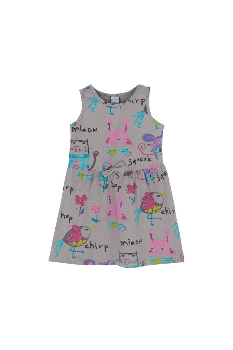 1-4 Years Old Chirping Animals Pattern Sleeveless Dress - Thumbnail