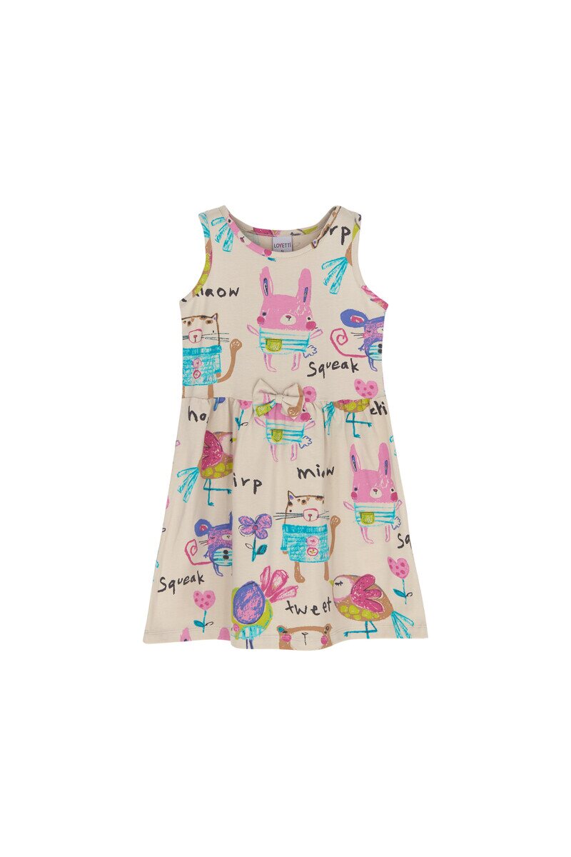 1-4 Years Old Chirping Animals Pattern Sleeveless Dress - Thumbnail