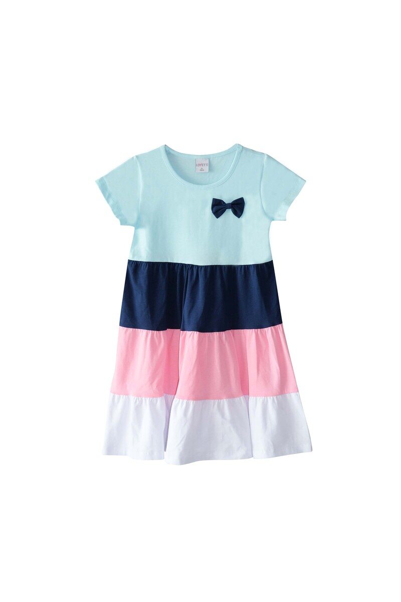 1-4 years old short sleeves colorful layered dress with bow - Thumbnail