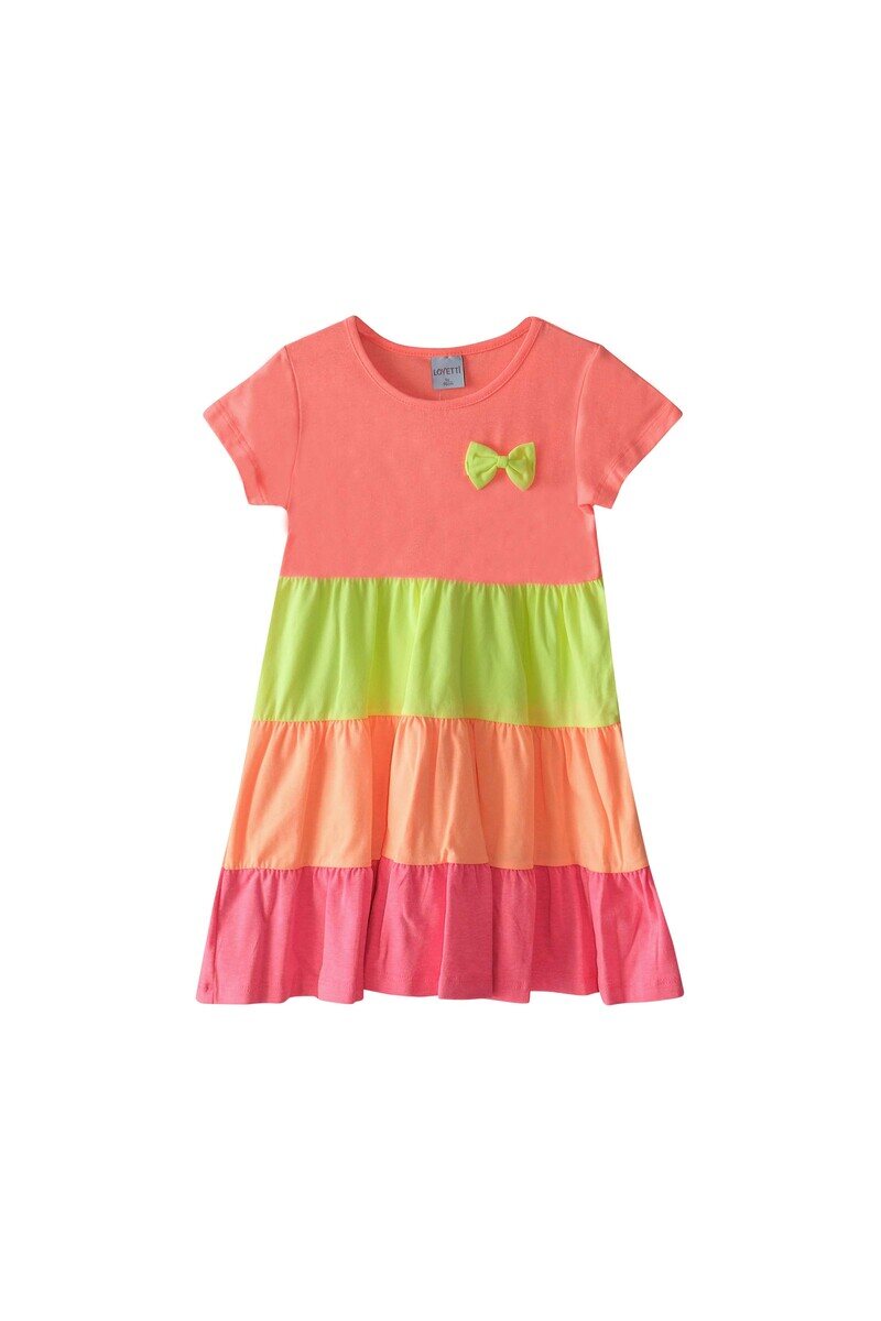 1-4 years old short sleeves colorful layered dress with bow - Thumbnail