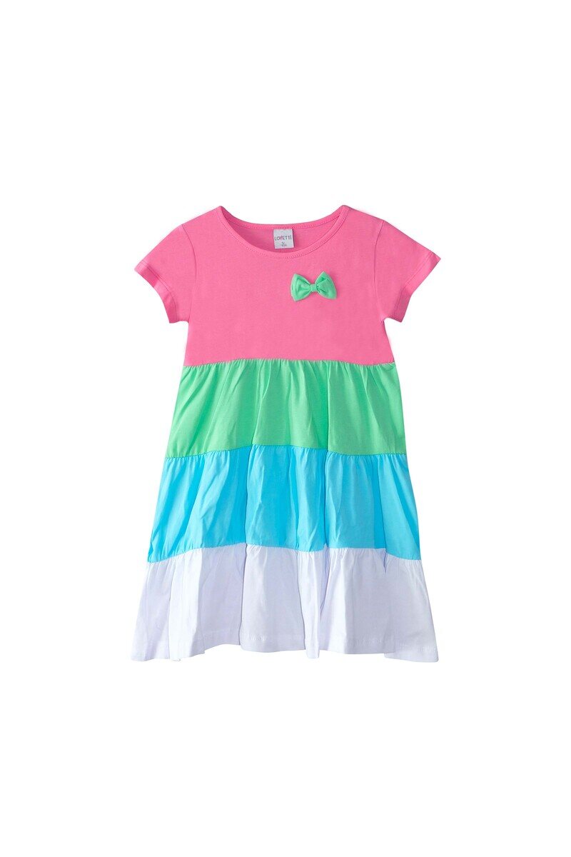 1-4 years old short sleeves colorful layered dress with bow - Thumbnail