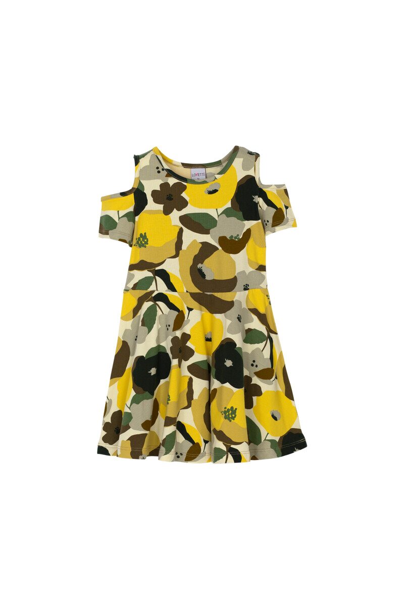 5-8 Years Old Retro Flowers Pattern Open Shoulder Half Sleeves Dress - Thumbnail