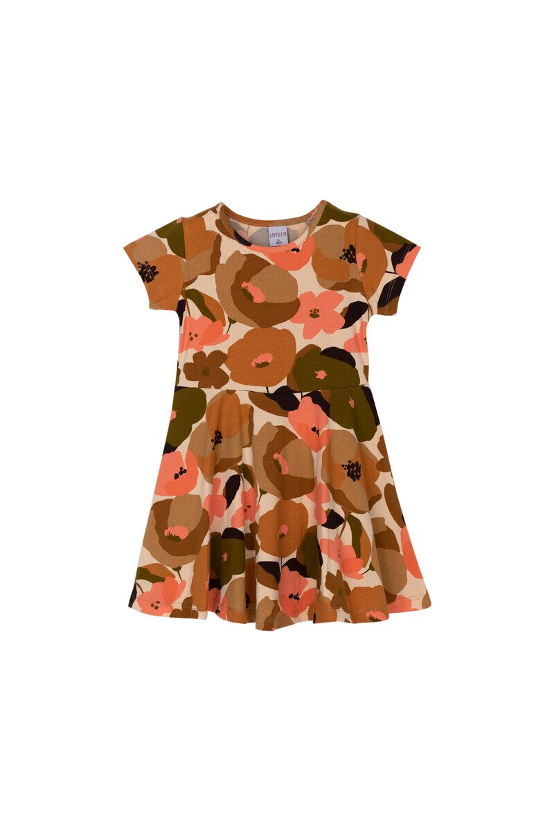 5-8 Years Old Retro Flowers Pattern Short Sleeves Flared Dress - Thumbnail