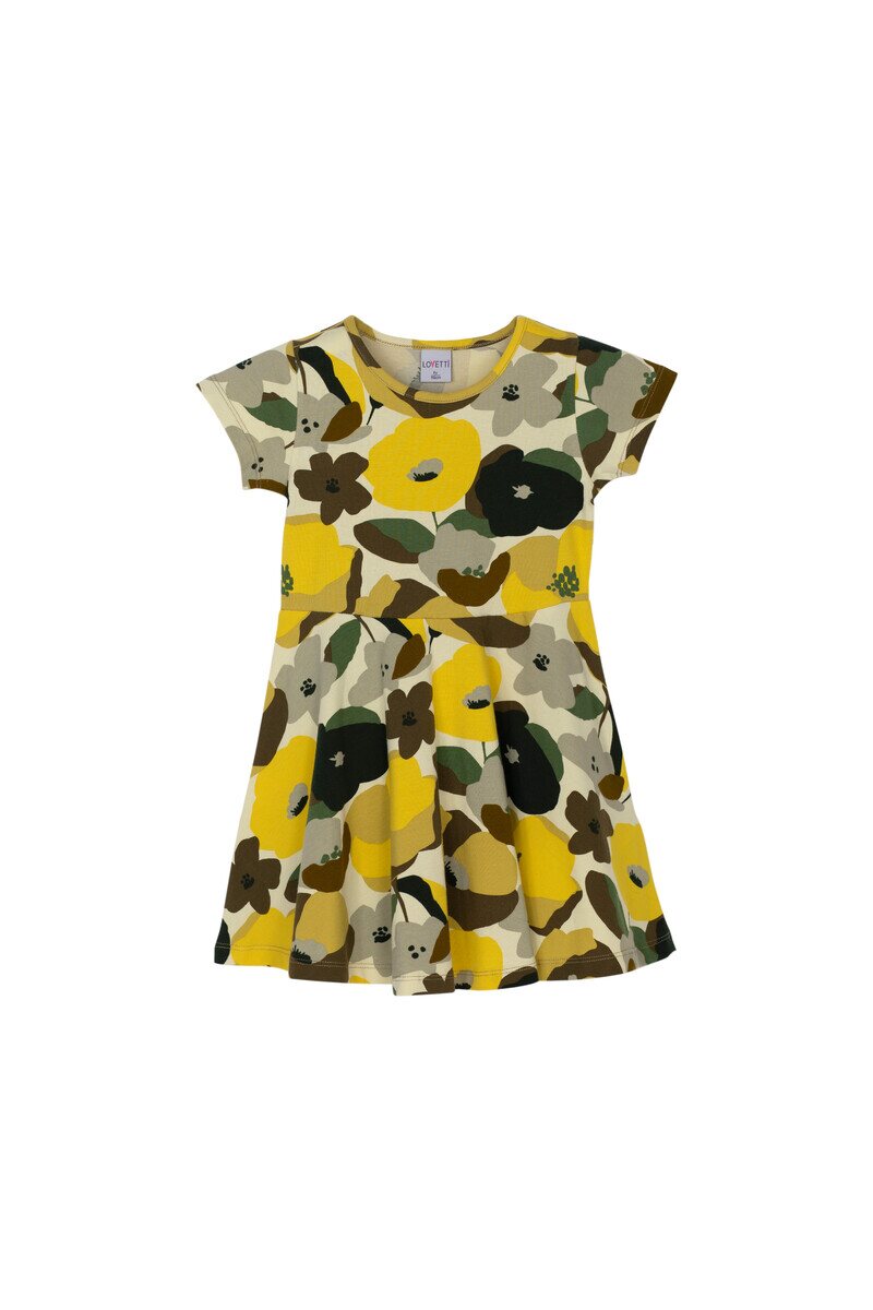 5-8 Years Old Retro Flowers Pattern Short Sleeves Flared Dress - Thumbnail